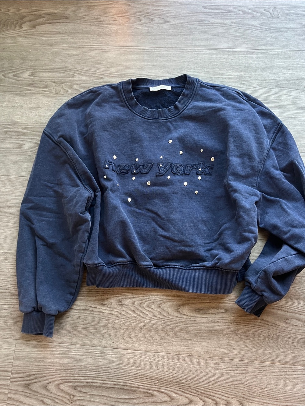 Zara Navy Pearl-Embellished Crewneck Sweatshirt
